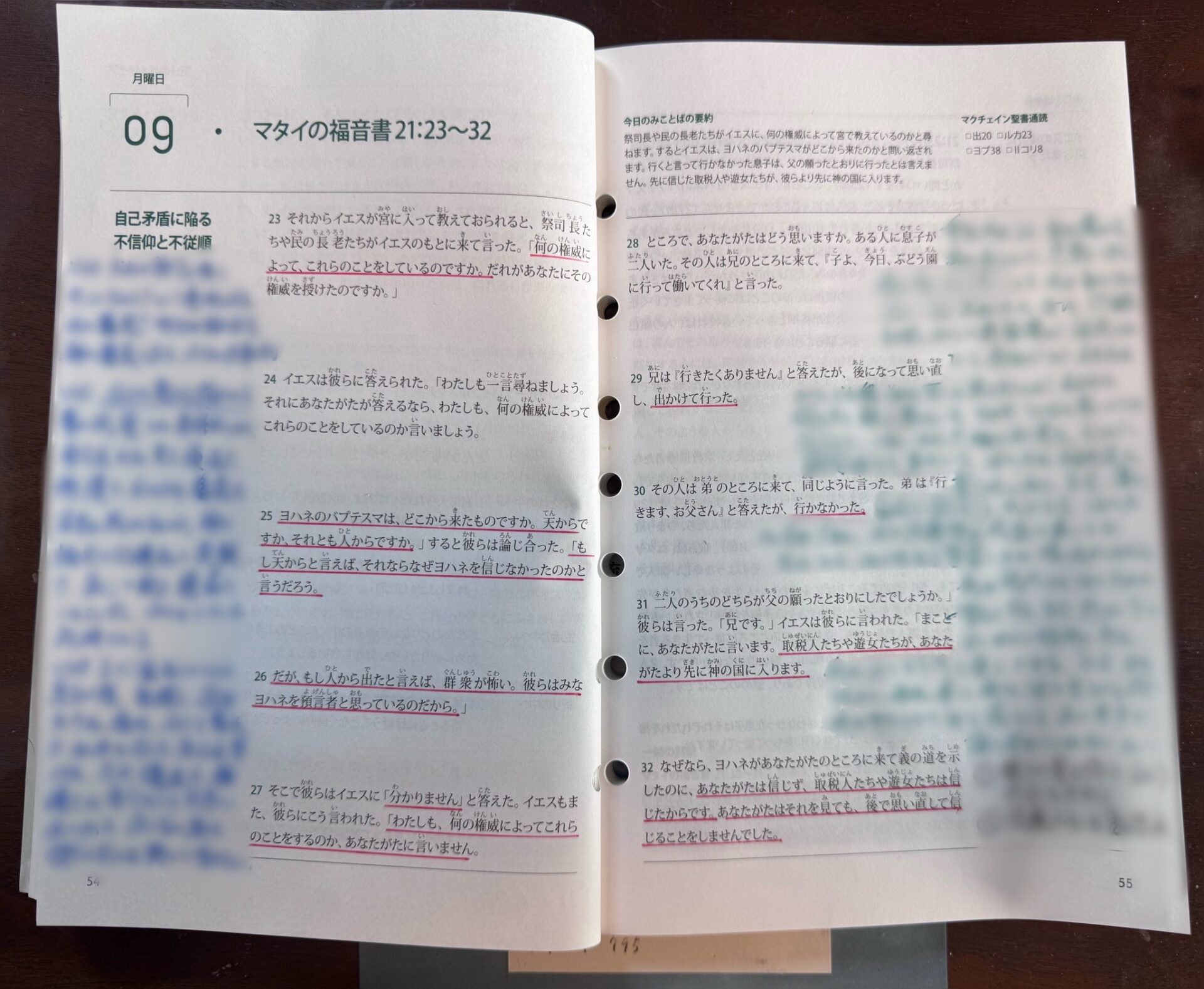 マタイの福音書21章23〜32節が開かれた日本語の聖書ページ。ぶどう園の二人の息子のたとえの箇所に赤い下線が引かれている。