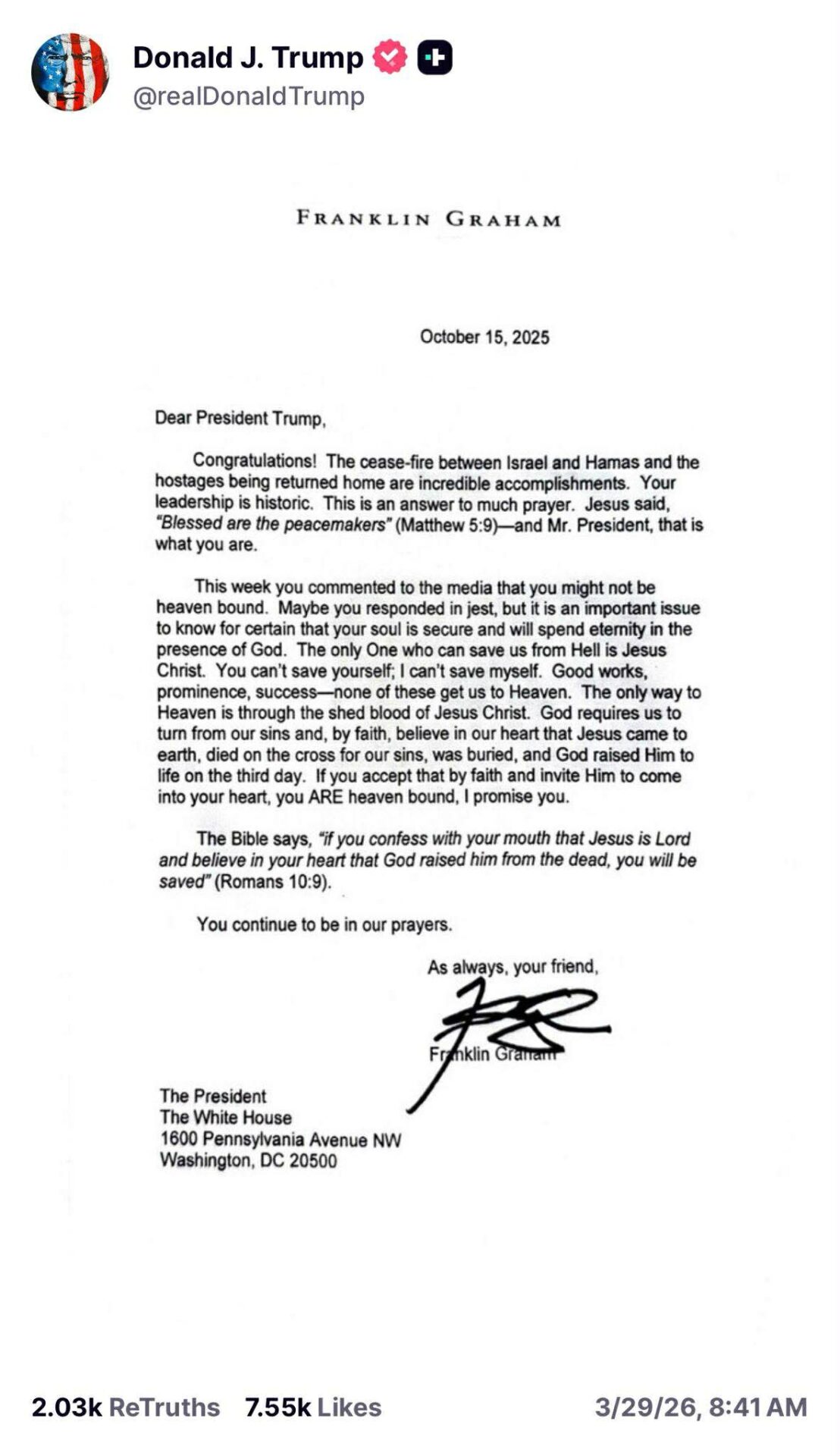 トランプ氏のSNS投稿として公開された、フランクリン・グラハムによる手紙の画像。停戦への祝福とともに、救いと信仰について語られている。
